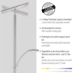 LED-Stehleuchte, stahlfarben, Deckenfluter, Lichtfarbsteuerung inkl. Memoryfunktion, Tastdimmer