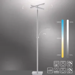 LED-Stehleuchte, stahlfarben, Deckenfluter, Lichtfarbsteuerung inkl. Memoryfunktion, Tastdimmer