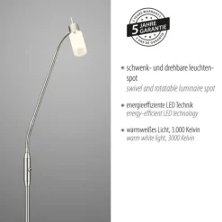 LED-Stehleuchte, stahlfarben, verstellbarer Leuchtkopf, inkl. Kippschalter
