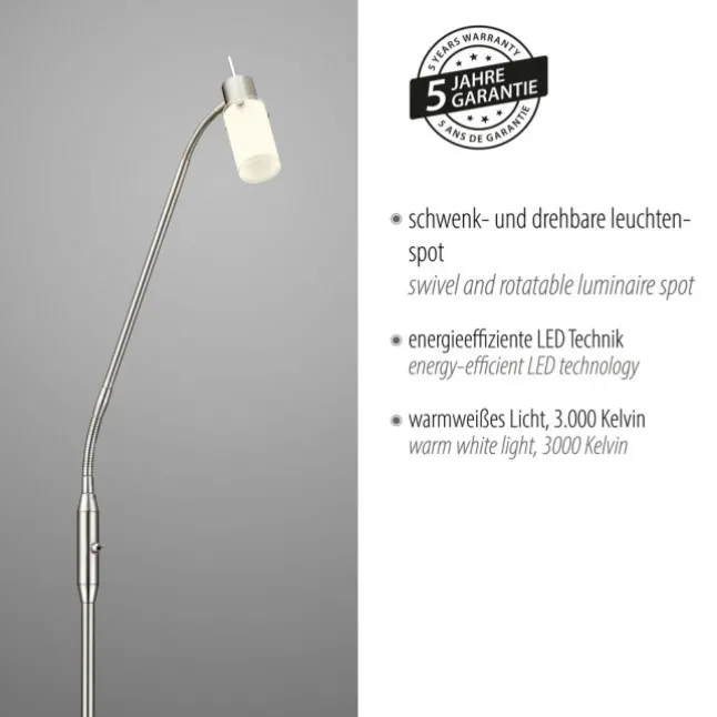 LED-Stehleuchte, stahlfarben, verstellbarer Leuchtkopf, inkl. Kippschalter