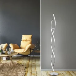 LED Stehleuchte, stahlfarben, geschwungene Form, dimmbar, modern, design