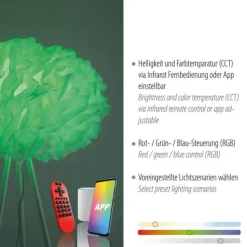 LED-Stehleuchte, weiß, Stoff, dimmbar, Fernbedienung, App