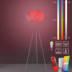 LED-Stehleuchte, weiß, Stoff, dimmbar, Fernbedienung, App