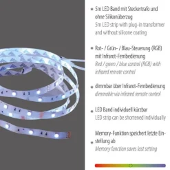 LED-Stripes, 5m Länge, Fernbedienung, Memory-Funktion, RGB Farbwechsel