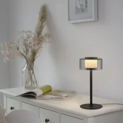 LED Tischleuche schwarz stufenlos dimmbar Rauchglas Memoryfunktion