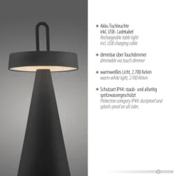 LED Tischleuchte Akku schwarz dimmbar per Touch IP44 Innen-Außen