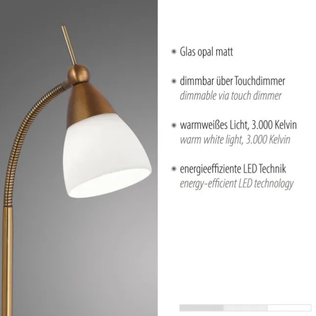 LED-Tischleuchte, altmessing, Flexarm, Touchdimmer, blendfrei, warmweiß