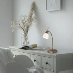 LED-Tischleuchte, altmessing, Flexarm, Touchdimmer, blendfrei, warmweiß