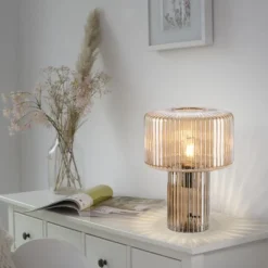 LED Tischleuchte amberfarben Pilzform Glas Ø25cm Schalter