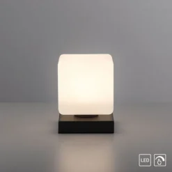 LED Tischleuchte anthrazit farbig Würfelform Touchdimmer zeitloses Design