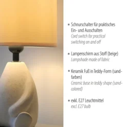 LED Tischleuchte beige Männchen sitzend Stoffschirm mit Schnurschalter