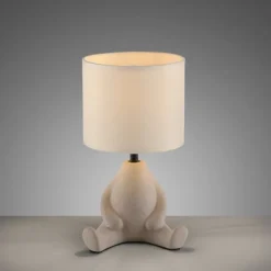 LED Tischleuchte beige Männchen sitzend Stoffschirm mit Schnurschalter