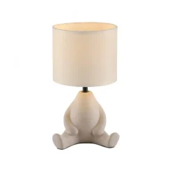LED Tischleuchte beige Männchen sitzend Stoffschirm mit Schnurschalter
