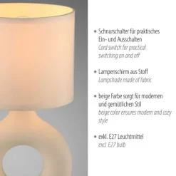 LED Tischleuchte beige Schalter Stoffschirm Beistelllampe Nachttisch