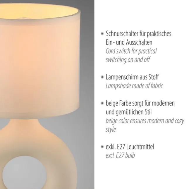 LED Tischleuchte beige Schalter Stoffschirm Beistelllampe Nachttisch