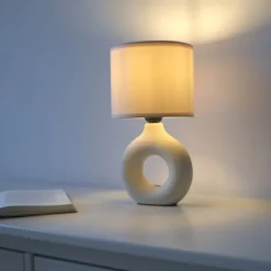 LED Tischleuchte beige Schalter Stoffschirm Beistelllampe Nachttisch