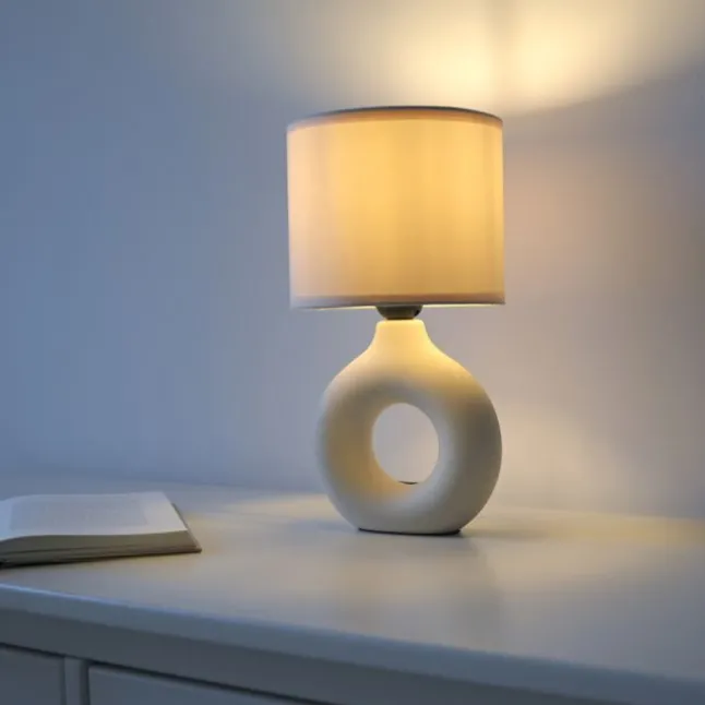 LED Tischleuchte beige Schalter Stoffschirm Beistelllampe Nachttisch