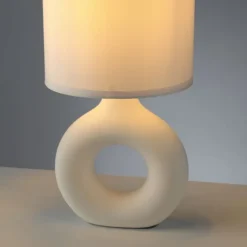 LED Tischleuchte beige Schalter Stoffschirm Beistelllampe Nachttisch