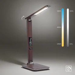 LED Tischleuchte, braun, Dimmfunktion, Induktionsladefläche, Displayanzeige