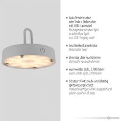 LED Tischleuchte D=36cm greige Akkulampe USB IP44 dimmbar per Touch