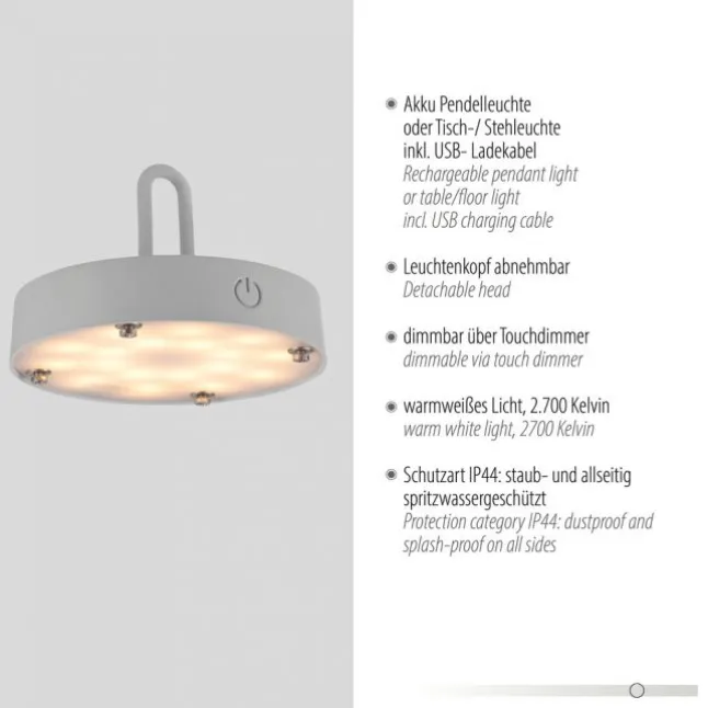 LED Tischleuchte D=36cm greige Akkulampe USB IP44 dimmbar per Touch