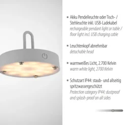 LED Tischleuchte D=25cm greige Akkulampe USB IP44 dimmbar per Touch