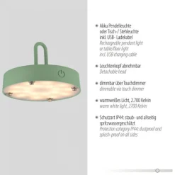 LED Tischleuchte D=25cm grün Akkulampe USB IP44 dimmbar per Touch
