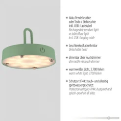 LED Tischleuchte D=46cm grün Akkulampe USB IP44 dimmbar per Touch