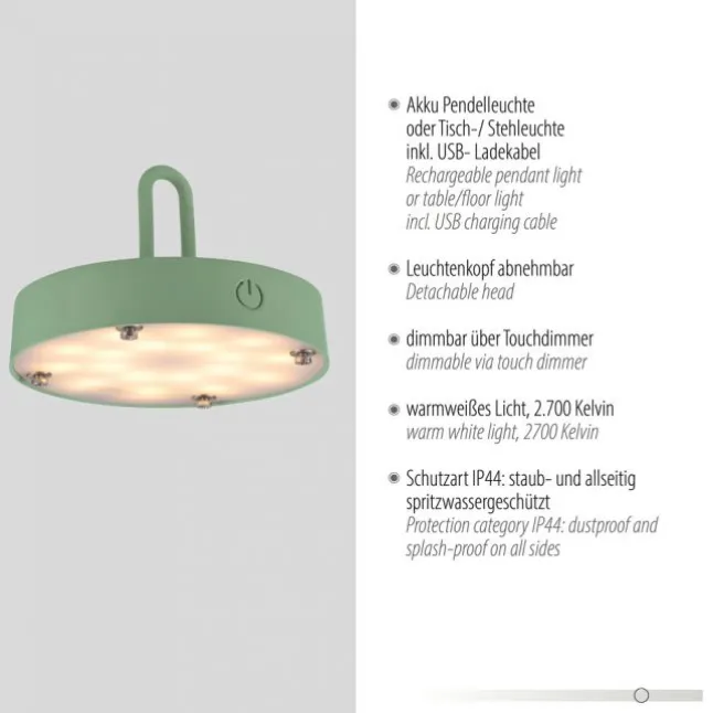 LED Tischleuchte D=46cm grün Akkulampe USB IP44 dimmbar per Touch