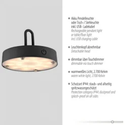 LED Tischleuchte D=46cm schwarz Akkulampe USB IP44 dimmbar per Touch