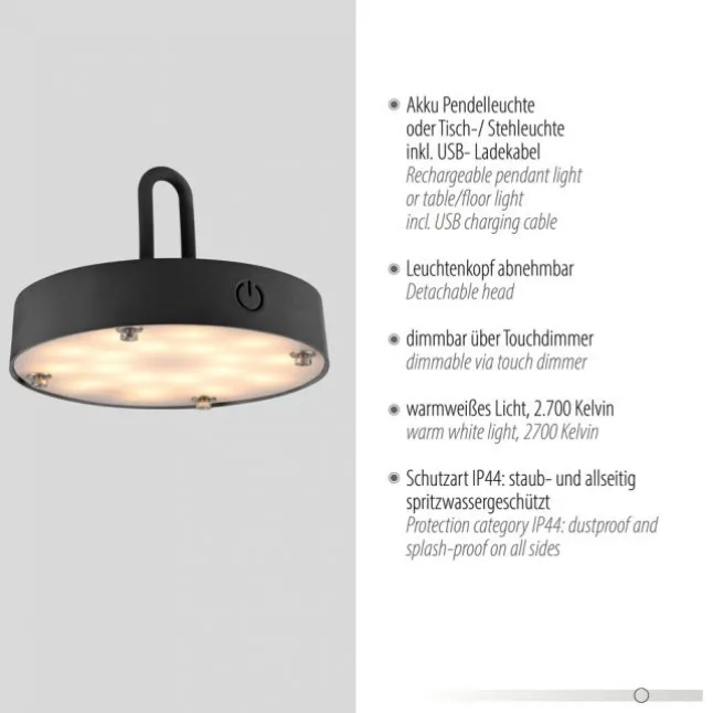 LED Tischleuchte D=46cm schwarz Akkulampe USB IP44 dimmbar per Touch