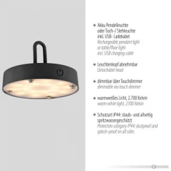 LED Tischleuchte D=25cm schwarz Akkulampe USB IP44 dimmbar per Touch