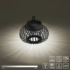 LED Tischleuchte D=25cm schwarz Akkulampe USB IP44 dimmbar per Touch