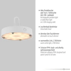 LED Tischleuchte D=46cm weiß Akkulampe USB IP44 dimmbar per Touch