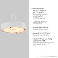 LED Tischleuchte D=36cm weiß Akkulampe USB IP44 dimmbar per Touch