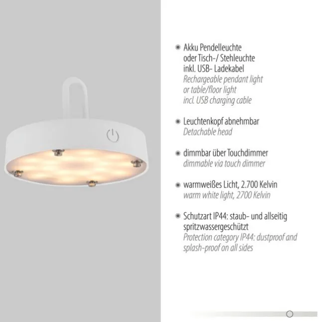 LED Tischleuchte D=36cm weiß Akkulampe USB IP44 dimmbar per Touch