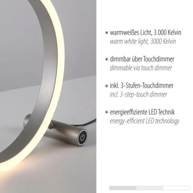 LED Tischleuchte, dimmbar, Touchdimmer, aluminium, warmweiß, rund