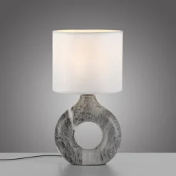 LED Tischleuchte grau Marmor Optik weißer Stoffschirm mit Schalter