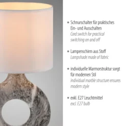 LED Tischleuchte grau Marmor Optik weißer Stoffschirm mit Schalter