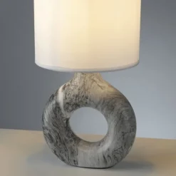 LED Tischleuchte grau Marmor Optik weißer Stoffschirm mit Schalter
