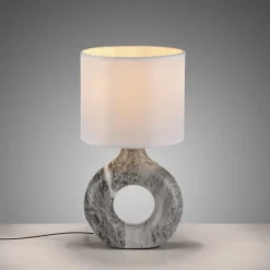 LED Tischleuchte grau Marmor Optik weißer Stoffschirm mit Schalter