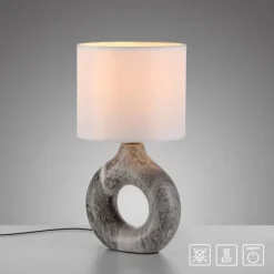 LED Tischleuchte grau Marmor Optik weißer Stoffschirm mit Schalter