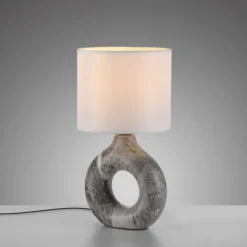 LED Tischleuchte grau Marmor Optik weißer Stoffschirm mit Schalter