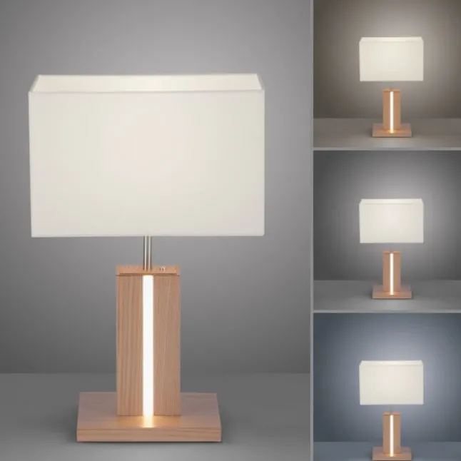LED-Tischleuchte, Holzdekor, CCT Farbmanagement, dimmbar, Wippschalter