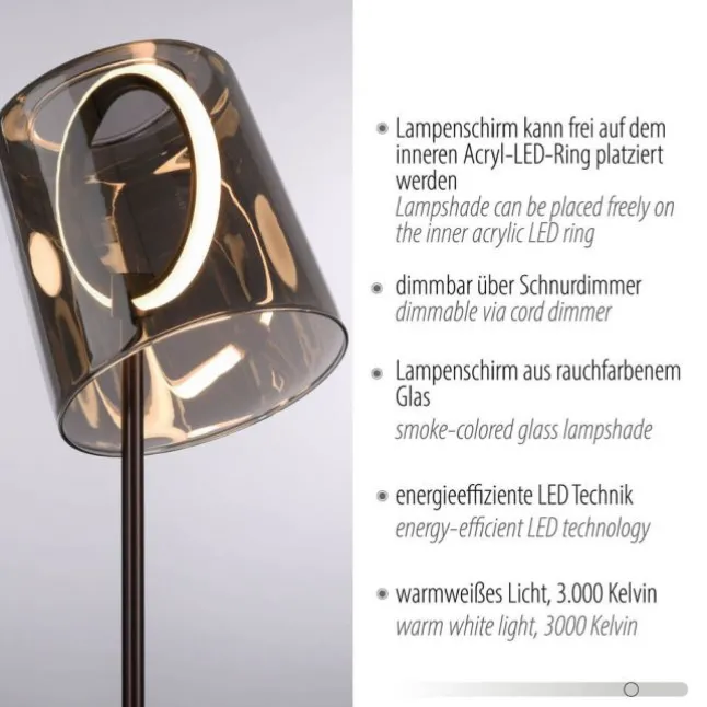 LED Tischleuchte Kaffee Farbe dimmbar per Schnurdimmer Rauchglas