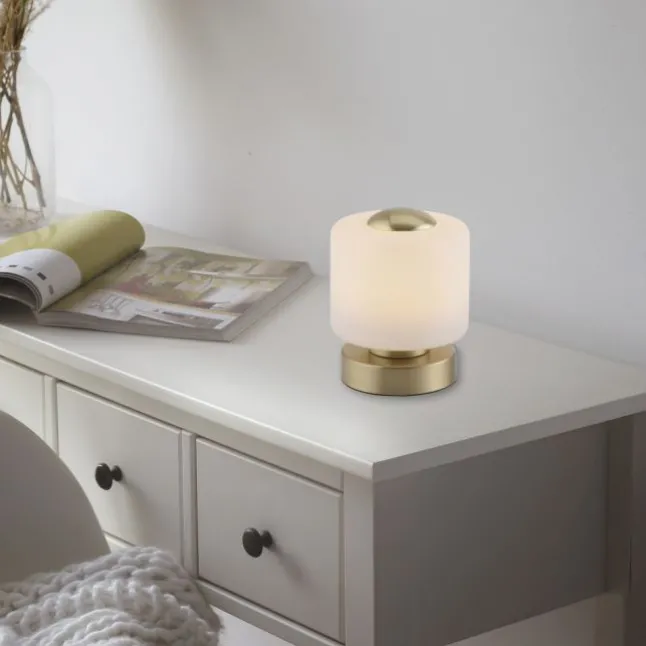 LED Tischleuchte messing farbig rund Touchdimmer zeitloses Design