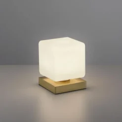 LED Tischleuchte messing farbig Würfelform Touchdimmer zeitloses Design