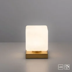 LED Tischleuchte messing farbig Würfelform Touchdimmer zeitloses Design