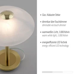 LED Tischleuchte messing matt Alabaster Dekor Glas 3 Stufen Touchdimmer