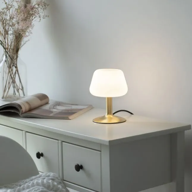 LED-Tischleuchte, messing-matt, Opalglas, Touchdimmer, dimmbar